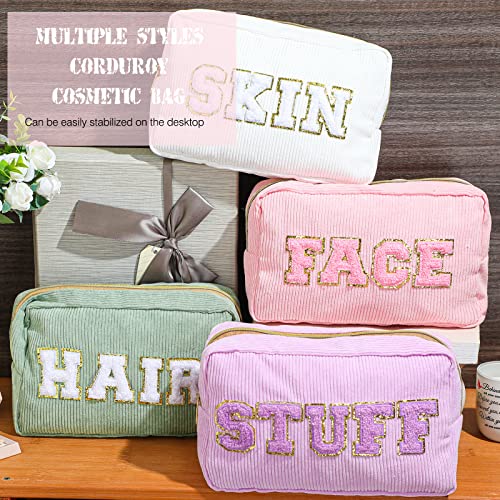 4 Pcs Makeup Bags Chenille Letter Patch Cosmetic Bag Portable Travel Zipper Pouch Small Organizer Makeup Bag Set for Women (Purple, Pink, White, Green, Fresh)