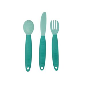 busy baby eating utensils for babies & toddlers | fork, spoon, & knife | food-grade silicone & tritan plastic | dishwasher safe, bpa free (spearmint)