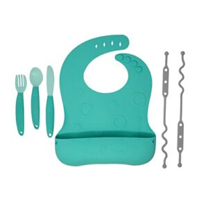 busy baby bungee bib & utensils bundle | silicone bib for babies & toddlers with tethers to attach utensils and keep them off the floor | dishwasher safe, bpa free (spearmint)