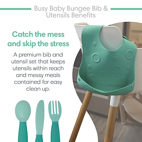 BUSY BABY Bungee Bib & Utensils Bundle | Silicone Bib for Babies & Toddlers with Tethers to Attach Utensils and Keep Them Off The Floor | Dishwasher Safe, BPA Free (Spearmint)