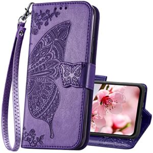 designed for galaxy a14 5g phone case wallet,women flip folio cover with credit card holders butterfly embossed pu leather kickstand wrist strap purse case for samsung a14 5g 6.6 inch (purple)