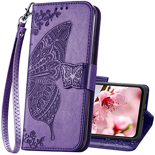 Designed for Galaxy A14 5G Phone Case Wallet,Women Flip Folio Cover with Credit Card Holders Butterfly Embossed PU Leather Kickstand Wrist Strap Purse Case for Samsung A14 5G 6.6 inch (Purple)