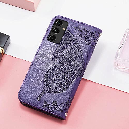 Designed for Galaxy A14 5G Phone Case Wallet,Women Flip Folio Cover with Credit Card Holders Butterfly Embossed PU Leather Kickstand Wrist Strap Purse Case for Samsung A14 5G 6.6 inch (Purple)