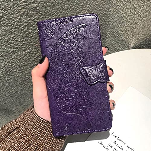 Designed for Galaxy A14 5G Phone Case Wallet,Women Flip Folio Cover with Credit Card Holders Butterfly Embossed PU Leather Kickstand Wrist Strap Purse Case for Samsung A14 5G 6.6 inch (Purple)