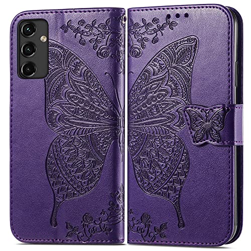 Designed for Galaxy A14 5G Phone Case Wallet,Women Flip Folio Cover with Credit Card Holders Butterfly Embossed PU Leather Kickstand Wrist Strap Purse Case for Samsung A14 5G 6.6 inch (Purple)