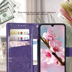 Designed for Galaxy A14 5G Phone Case Wallet,Women Flip Folio Cover with Credit Card Holders Butterfly Embossed PU Leather Kickstand Wrist Strap Purse Case for Samsung A14 5G 6.6 inch (Purple)