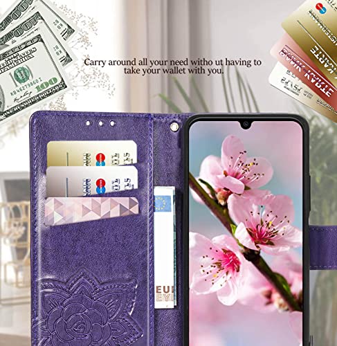 Designed for Galaxy A14 5G Phone Case Wallet,Women Flip Folio Cover with Credit Card Holders Butterfly Embossed PU Leather Kickstand Wrist Strap Purse Case for Samsung A14 5G 6.6 inch (Purple)