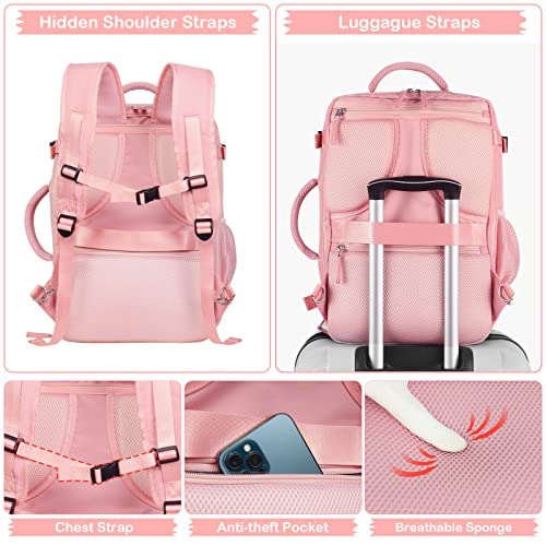 Hanples Travel Backpack for Women as Person Item Flight Approved, 35L Carry On Backpack, 16 Inch Laptop Backpack, Waterproof Backpack, Hiking Backpack, Casual Bag (Pink)