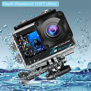 Xile Action Camera 4K WiFi Waterproof Camera 4*Zoom Dual Screen 131FT(40m) Waterproof Underwater Camera with 2X 1350mAh Batteries and Multifunctional Accessories Package Action Camera (4K+Dual Screen)