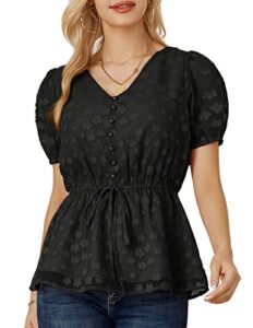 grace karin women's peplum tops 2023 summer v neck ruffle short sleeve blouse jacquard flowy shirt tunic top black