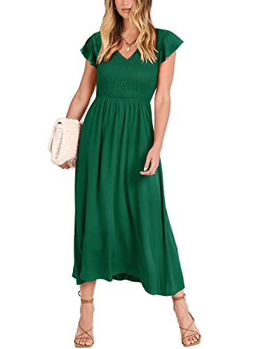 ANRABESS Women's Summer V Neck Ruffle Sleeve Midi Dress Boho Smocked Swing Long Dress with Pockets A836-yelv-L