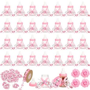 50 pcs 3.5 x 1.6 inch baby bottle for baby shower mini feeding bottle candy box plastic milk bottles with ribbon for baby shower favor gift decoration, pink
