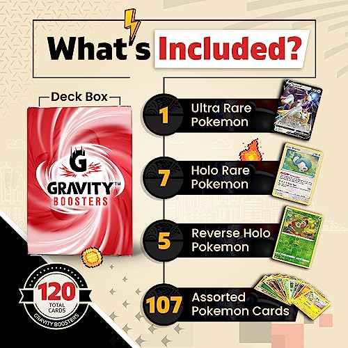 GRAVITY BOOSTERS 120 Card Super Collection | For Pokemon Card Collectors | 12x Holographic Cards | 1x Ultra Rare Guaranteed | Includes 2X PokeMasters Deck Storage Boxes compatible with Pokémon cards