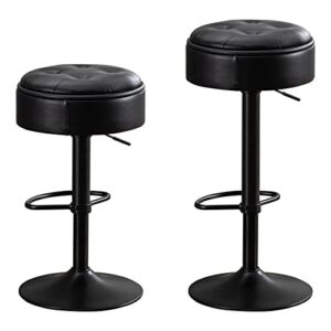 round storage bar stool set of 2, black faux leather height adjustable barstool, 360°counter height swivel stool, armless bar chair with metal frame for kitchen counter dining living room