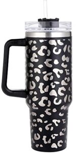 qeagvj 40oz leopard stainless steel tumbler with handle,double walled leopard tumbler with straw, leak resistant lid insulated cup for maintaining cold heat water and ice for hours.
