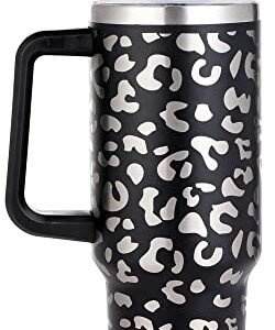 QEAGVJ 40oz Leopard Stainless Steel Tumbler with handle,Double Walled Leopard Tumbler with Straw, Leak Resistant Lid Insulated Cup for maintaining Cold Heat water and Ice for Hours.