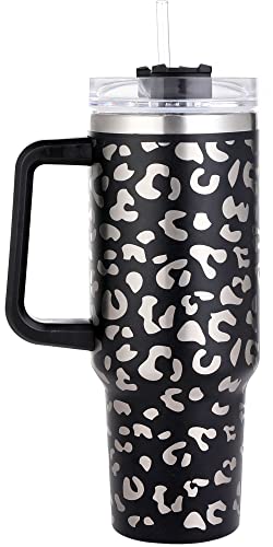 QEAGVJ 40oz Leopard Stainless Steel Tumbler with handle,Double Walled Leopard Tumbler with Straw, Leak Resistant Lid Insulated Cup for maintaining Cold Heat water and Ice for Hours.