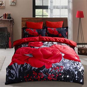 labstandard red duvet cover set queen, 3d printed rose bedding soft comforter and breathable quilt cover(1 duvet cover, 2 pillowcases, zipper closure)