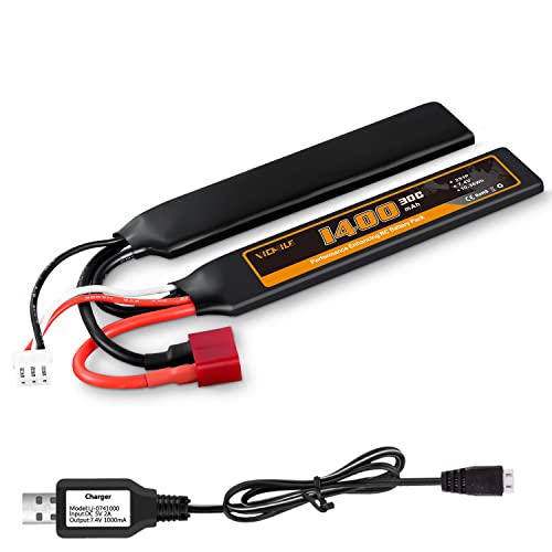 VICMILE 2S Airsoft Battery 7.4V 1400mAh Lipo Battery with Deans T Plug Rechargeable 30C High Discharge Rate Lipo Battery with Charger Fit for Airsoft Model Guns