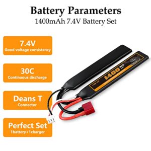 VICMILE 2S Airsoft Battery 7.4V 1400mAh Lipo Battery with Deans T Plug Rechargeable 30C High Discharge Rate Lipo Battery with Charger Fit for Airsoft Model Guns