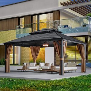 greesum 12'x16' hardtop metal gazebo, outdoor galvanized steel double roof canopy, aluminum frame permanent pavilion with netting and curtains for patio, backyard, deck and lawns