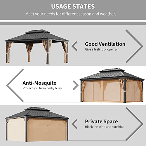 Greesum 12'x16' Hardtop Metal Gazebo, Outdoor Galvanized Steel Double Roof Canopy, Aluminum Frame Permanent Pavilion with Netting and Curtains for Patio, Backyard, Deck and Lawns