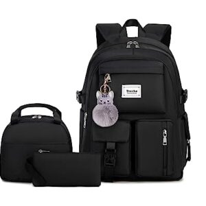 Teecho Waterproof School Backpack Set for Girl Fashion Women Backpack Purse College Bookbag Black