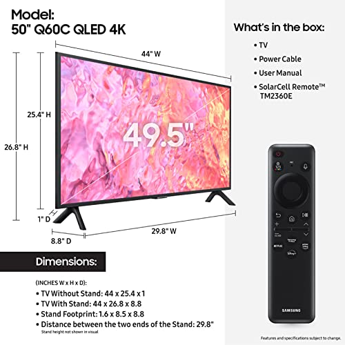 SAMSUNG 50-Inch Class QLED 4K Q60C Series Quantum HDR, Dual LED, Object Tracking Sound Lite, Q-Symphony, Motion Xcelerator, Gaming Hub, Smart TV with Alexa Built-in (QN50Q60C, 2023 Model)