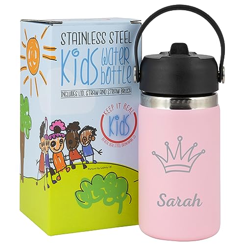 Personalized Water Bottle For Kids - Small 12oz BPA Free Custom Insulated Stainless Steel Bottle for School w/Name for Girl or Boy - w/Reusable Straw (Pink)