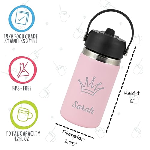 Personalized Water Bottle For Kids - Small 12oz BPA Free Custom Insulated Stainless Steel Bottle for School w/Name for Girl or Boy - w/Reusable Straw (Pink)