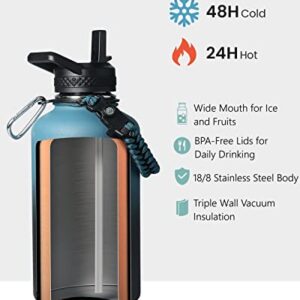 Coolplus 64 oz Insulated Water Bottle with Paracord Handle & 3 Lid, Half Gallon Water Bottle Food-grade Vacuum Large Water Jug Flask, Keep 24H Hot 48H Cold, Leak Proof & BPA-Free,