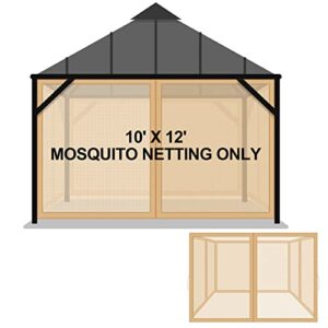 universal replacement mosquito netting for patio gazebo 10' x 12' mosquito net camping 4 panel mosquito net gazebo canopy replacement patio mosquito netting with zipper for porch, khaki
