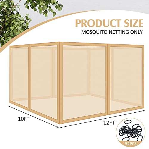 Universal Replacement Mosquito Netting for Patio Gazebo 10' x 12' Mosquito Net Camping 4 Panel Mosquito Net Gazebo Canopy Replacement Patio Mosquito Netting with Zipper for Porch, Khaki