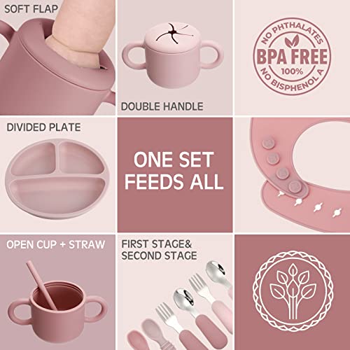 16 Pcs Baby Led Weaning Supplies Silicone Baby Feeding Set Baby Plates with Suction Baby Utensils with Divided Adjustable Bib Bowl Cutlery Snack Cup Spoons Straw 6 Months+ (Dark Pink, Dusty Pink)