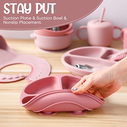 16 Pcs Baby Led Weaning Supplies Silicone Baby Feeding Set Baby Plates with Suction Baby Utensils with Divided Adjustable Bib Bowl Cutlery Snack Cup Spoons Straw 6 Months+ (Dark Pink, Dusty Pink)