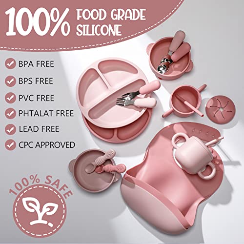 16 Pcs Baby Led Weaning Supplies Silicone Baby Feeding Set Baby Plates with Suction Baby Utensils with Divided Adjustable Bib Bowl Cutlery Snack Cup Spoons Straw 6 Months+ (Dark Pink, Dusty Pink)