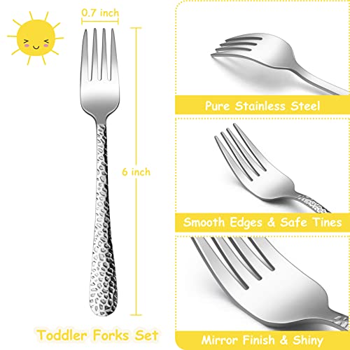 TeamFar Toddler Forks, Stainless Steel Toddler Utensil Silverware Baby Forks for Self Feeding at Home & Preschool, Healthy & Non Toxic, Mirror Polished & Hammered Handle, Dishwasher Safe, Set of 6