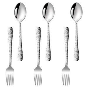 teamfar toddler utensils, stainless steel kids silverware children spoons & forks for self feeding at home & preschool, healthy, mirror polished & hammered handle, dishwasher safe, set of 6