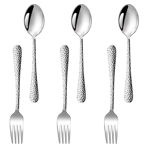 TeamFar Toddler Utensils, Stainless Steel Kids Silverware Children Spoons & Forks for Self Feeding at Home & Preschool, Healthy, Mirror Polished & Hammered Handle, Dishwasher Safe, Set of 6