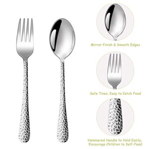 TeamFar Toddler Utensils, Stainless Steel Kids Silverware Children Spoons & Forks for Self Feeding at Home & Preschool, Healthy, Mirror Polished & Hammered Handle, Dishwasher Safe, Set of 6