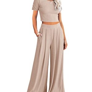 BTFBM Women Summer 2023 Two Piece Casual Outfits Lounge Set Ribbed Knit Bodycon Crop Top Long Pants Tracksuits Sweatsuit(Short Apricot, Small)