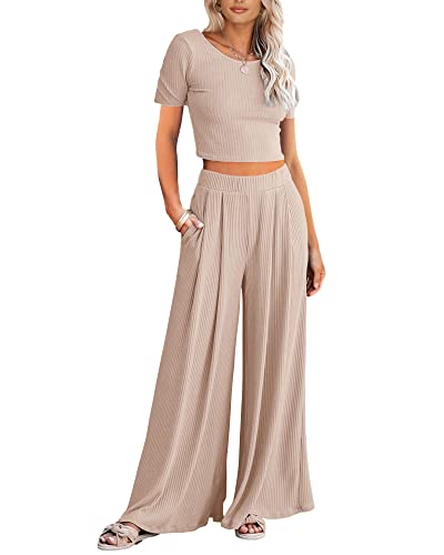 BTFBM Women Summer 2023 Two Piece Casual Outfits Lounge Set Ribbed Knit Bodycon Crop Top Long Pants Tracksuits Sweatsuit(Short Apricot, Small)