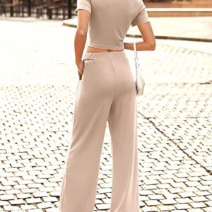 BTFBM Women Summer 2023 Two Piece Casual Outfits Lounge Set Ribbed Knit Bodycon Crop Top Long Pants Tracksuits Sweatsuit(Short Apricot, Small)