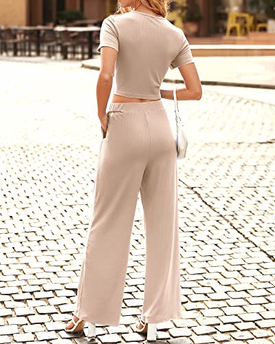 BTFBM Women Summer 2023 Two Piece Casual Outfits Lounge Set Ribbed Knit Bodycon Crop Top Long Pants Tracksuits Sweatsuit(Short Apricot, Small)