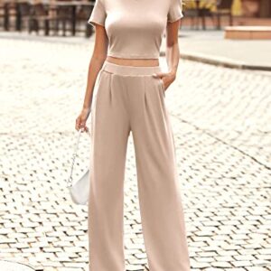 BTFBM Women Summer 2023 Two Piece Casual Outfits Lounge Set Ribbed Knit Bodycon Crop Top Long Pants Tracksuits Sweatsuit(Short Apricot, Small)