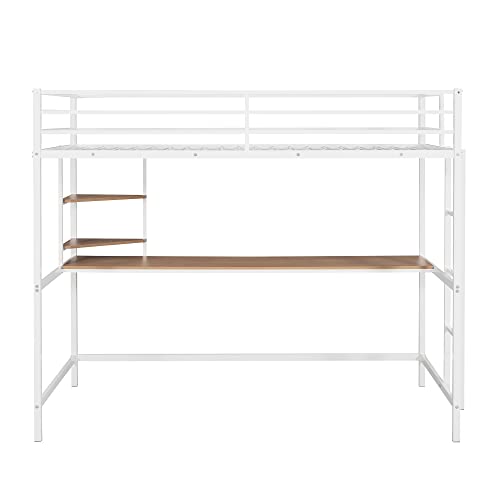 Metal Loft Bed Frame, Twin Size Loft Bed with Desk and Storage Shelves, Metal Bed Frame with Safe Guardrail & Ladder for Kids Teens Adults, Space Saving Loft Bed, No Box Spring Needed (White)