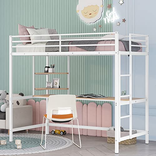 Metal Loft Bed Frame, Twin Size Loft Bed with Desk and Storage Shelves, Metal Bed Frame with Safe Guardrail & Ladder for Kids Teens Adults, Space Saving Loft Bed, No Box Spring Needed (White)