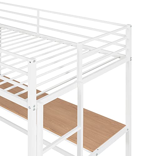 Metal Loft Bed Frame, Twin Size Loft Bed with Desk and Storage Shelves, Metal Bed Frame with Safe Guardrail & Ladder for Kids Teens Adults, Space Saving Loft Bed, No Box Spring Needed (White)
