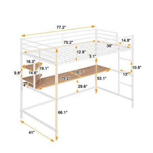 Metal Loft Bed Frame, Twin Size Loft Bed with Desk and Storage Shelves, Metal Bed Frame with Safe Guardrail & Ladder for Kids Teens Adults, Space Saving Loft Bed, No Box Spring Needed (White)