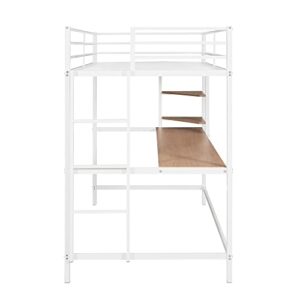 Metal Loft Bed Frame, Twin Size Loft Bed with Desk and Storage Shelves, Metal Bed Frame with Safe Guardrail & Ladder for Kids Teens Adults, Space Saving Loft Bed, No Box Spring Needed (White)